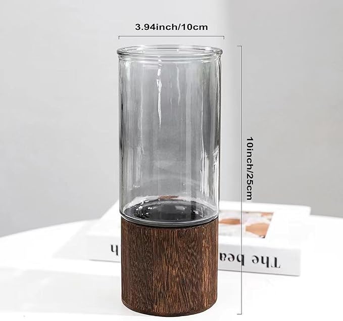 10 Inch Large Artistic Wood Base Glass Cylinder Flower Vase, Ins Modern Boho Style for Home Kitchen Fireplace Office Desks, Houses, Garden Decorations-Grey