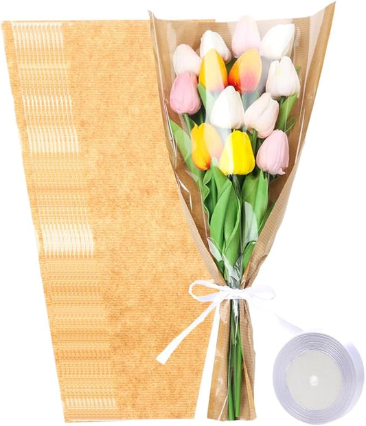 HSONAIGEE 50 Pieces Flower Bouquet Wrapping Paper, 17.7 x 9.5 Inch Small Flower Bags for Bouquets Kraft Floral Wrap Sleeves with Ribbons for Home Mother’s Day Wedding Flower Bar Supplies