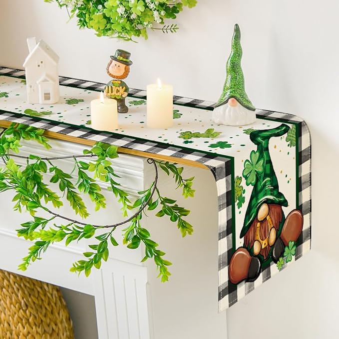 Artoid Mode Buffalo Plaid Shamrock Gnome St. Patrick's Day Table Runner, Kitchen Dining Table Decoration for Indoor Outdoor Home Party 13 x 60 Inch