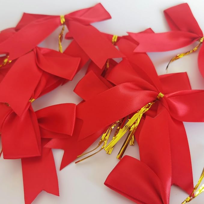 50pcs 3.5" Red Satin Ribbon Bows Twist Tie Bows for Gift Wrapping Christmas Tree Decoration with Fish Tails (Red)