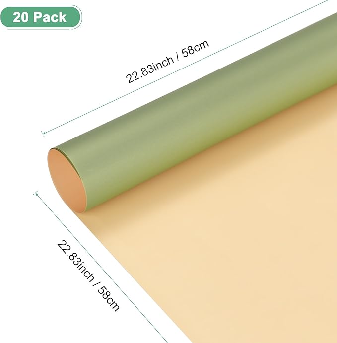 M METERXITY 20 Sheets Flower Wrapping Paper Bouquet, 23 Inch Double-Sided Green & Champagne BOPP Waterproof Floral Wrapping Paper Flower Packaging DIY for Wedding/Party/Gift Bouquet Wrap Paper