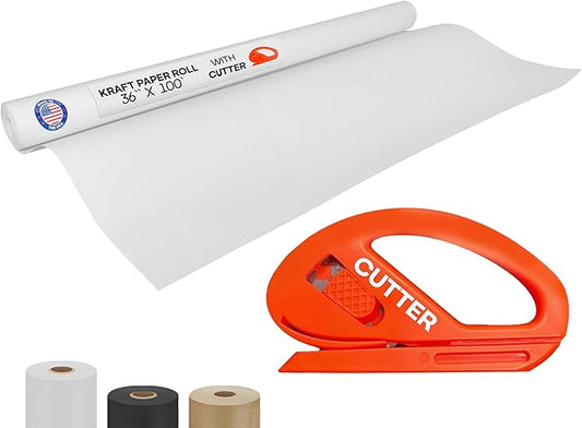 White Kraft Paper Roll 36" x 1200" (100 feet) with Cutter - USA-Made Quality Paper 50lb Thickness for Wrapping, Packing, Moving, Shipping, & Crafts/Arts - Natural Kraft Material by IDL Packaging