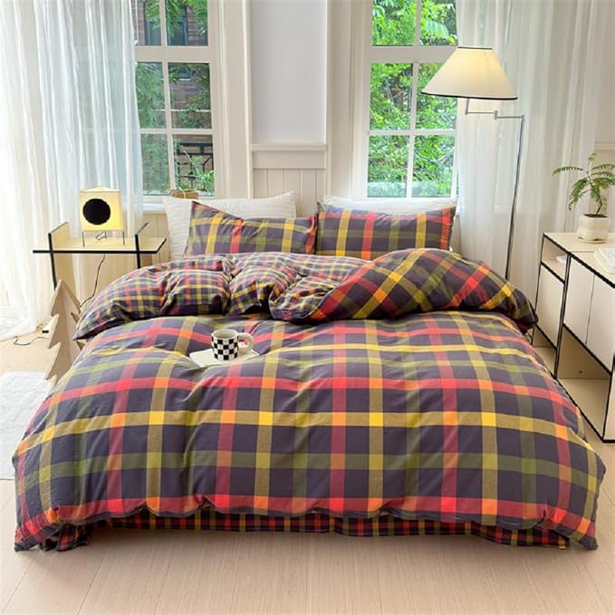 LifeTB Twin XL Comforter Set Modern Style Plaid Checkered Pattern Comforter with 2 Pillowcases Gingham Bedding Comforter Set Multicolor Grid Bed Comforter Fluffy Lightweight Bedding Set Twin XL