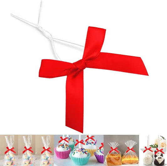 50 Pack 3" Red Ribbon Twist Tie Bows, Pre Tied Bows for Gifts, Bow Ties for Bags, Twist Bows for Treats, Bow Twist Ties, Ribbon Bows with Twist Ties, Pretied Bows for Lollipops, Cake Pops
