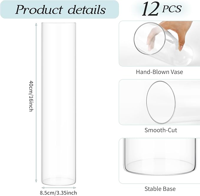 12 Pack Glass Cylinder Vases 16 Inch Tall Clear Flower Vase for Centerpieces, Hurricane Floating Candle Holder Wedding Decorations, Floral Vase Bulk for Table Shelf Party Home Deco (16 x 3.35 Inch)