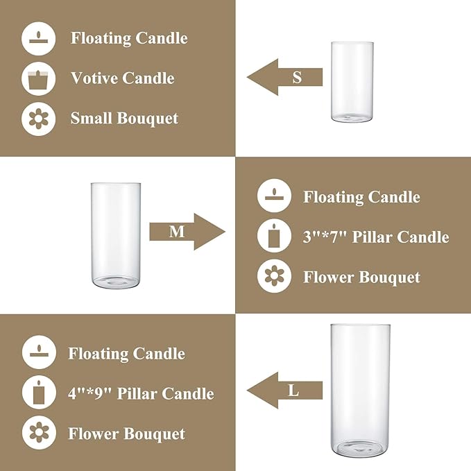 Hurricane Glass Candle Holder Clear Cylinder Vases, Pillar Candle Holders For Floating Candles Table Centerpiece Modern Glass Vases For Weeding Centerpieces Decoration Party Home Decor (3 Sets, S+M+L)
