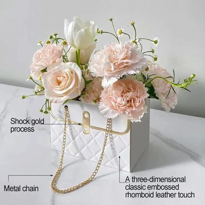 NADUSEP 4 PCS Flower Paper Gift Bag Bouquet Storage Bucket, Florist Flower Hand bag with Metal Chain Gift Case for Gifts Wrapping Supplies Bulk Mother's Day Valentine's Day Women's Day (Black)
