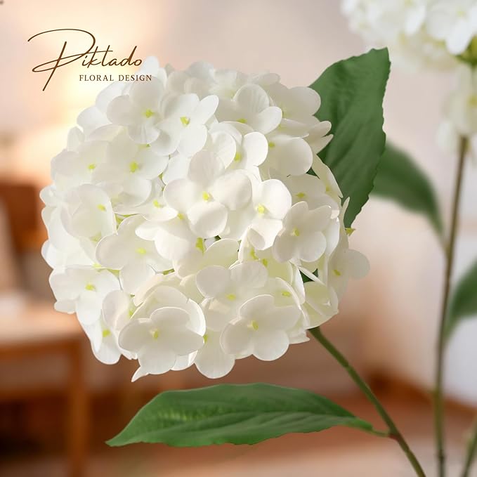 A Bunch 21in， White Real Touch Hydrangea Artificial Flowers， with 5pcs Flower Head 10pcs Leaves， Faux Hydrangea Flowers for Home Office Decor Wedding Party Arrangements (1, White)