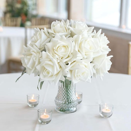 White Flowers Roses Artificial Flowers, 10pcs Soft Real Touch Silk Artificial Roses Stems, Lifelike Faux Rose for Wedding Table Centerpieces Party Home Decoration