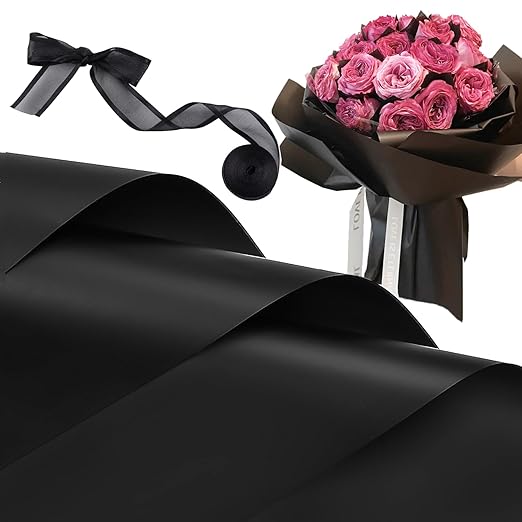 20 Sheets Black Flower Wrapping Paper, Waterproof Floral Wrap Solid Bouquet Wrapping Paper Florist Supplies (22.8 x 22.8 inch)