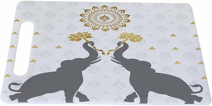 Elephant Cutting Boards Lotus Golden Flora Art Cutting Boards Kitchen Chopping Board with Handles Non Slip Plastic 16 x 10 x 0.24 Inch