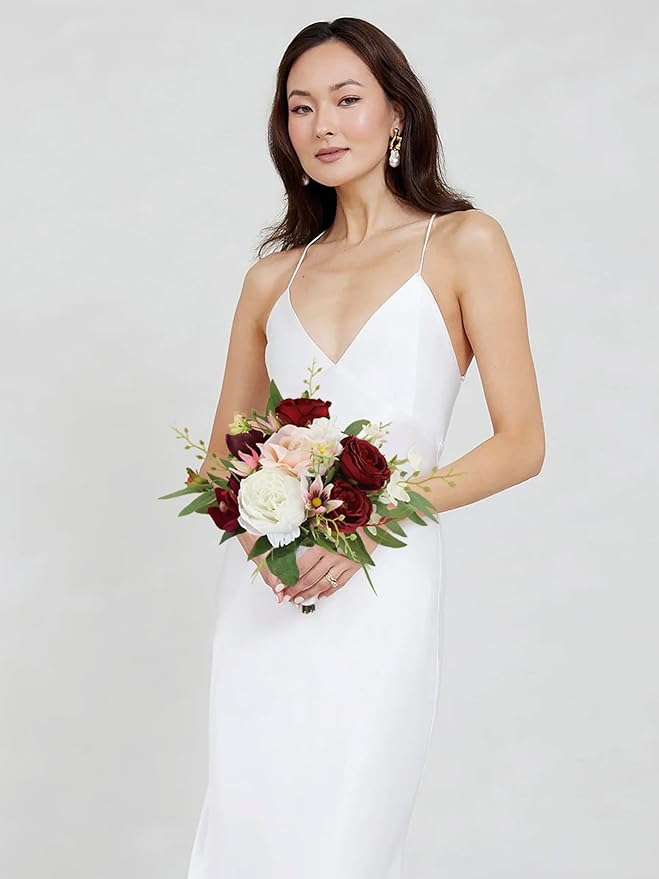 Rinlong 1Pc Fall Wedding Bouquets for Bridesmaids Burgundy Artificial Bridesmaid Bouquet for Wedding Prom