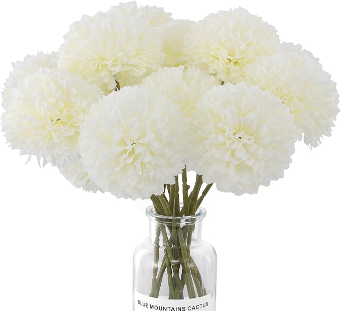 12 Pcs Artificial Chrysanthemums Flowers Silk Ball White Flowers Fake Mums Spring Flowers for Valentine‘s Day Wedding Home Decor (12, White)