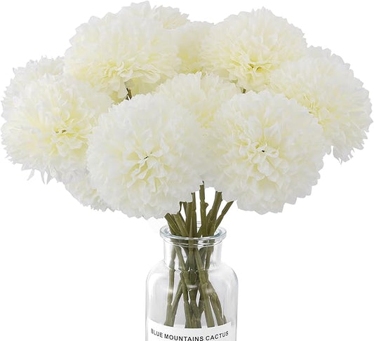 12 Pcs Artificial Chrysanthemums Flowers Silk Ball White Flowers Fake Mums Spring Flowers for Valentine‘s Day Wedding Home Decor (12, White)