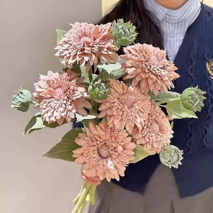Kimura's Cabin 5Pcs Fake Sunflowers Flowers Artificial Silk Chrysanthemum Long Stems Faux Sunflower Bouquet for Wedding Home Garden Birthday Party Indoor Decor(Lotus Root Powder)