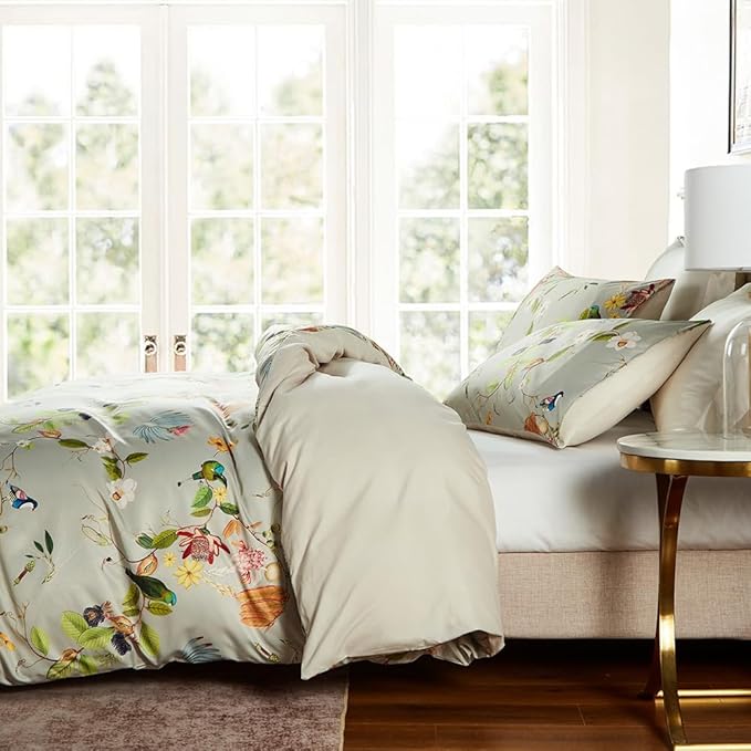 mixinni Duvet Cover Queen Size Set Floral Leaves Pattern Cotton Bird Printed Bedding Duvet Covet Set with Zipper Ties, Perfect for Him and Her, Easy Care, Soft and Breathable-(3pcs, Queen Size)