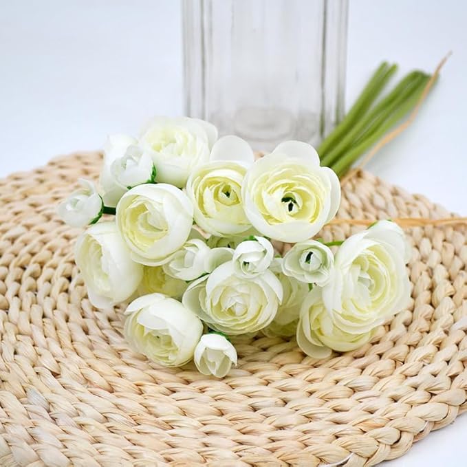 Ranunculus Artificial Flower, 24Pcs Faux Silk Mini Ranunculus Flowers Bulk Fake Wedding Filler Flowers for DIY Bouquet Centerpieces Arrangements Bridal Shower Decorations (Ivory)