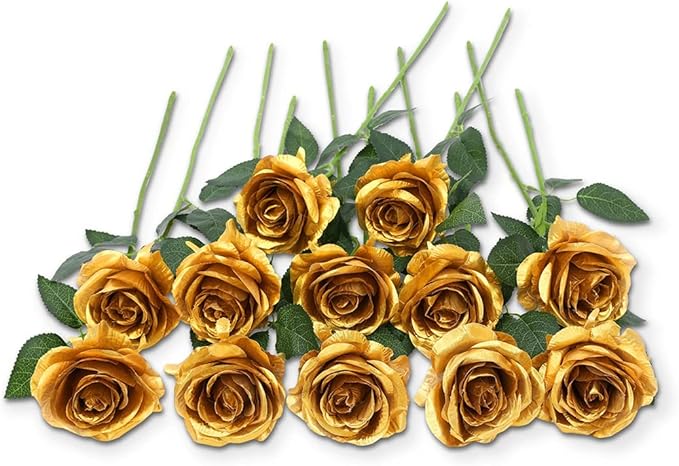 12 PCS Artificial Flowers Gold Roses Fake Silk Flower Long Stem Artificial Roses for Home Wendding Bathroom Party Decorations (Gold)