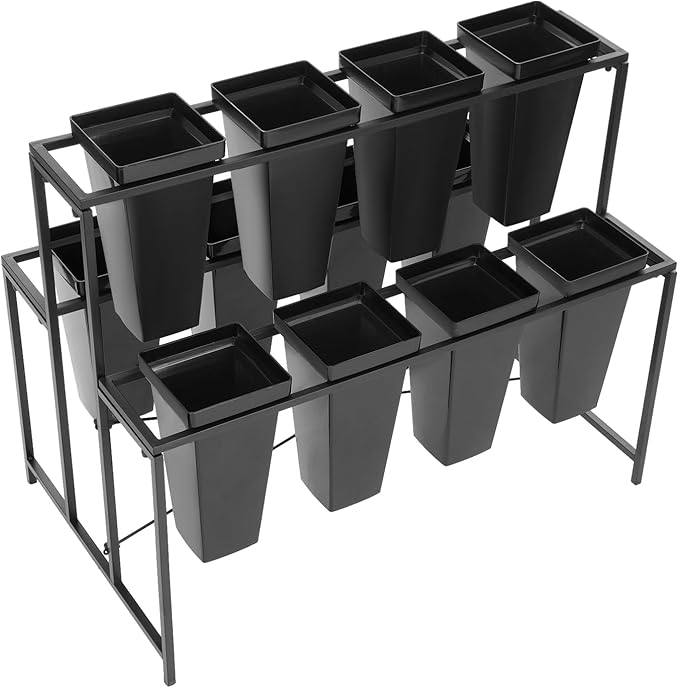 Flower Display Stand with 12 Pcs Buckets 3 Layers Metal Plant Stand Plant Cart Shelf Flower Bucket Rack Stand for Indoor Florist Garden Patio (Black Stand-Black Square Buckets)