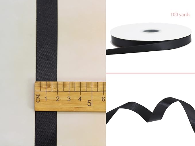 Black Double Faced Satin Ribbon 7/8 Inch - 100 Yards Continuous Soft Gift Wrapping Package Ribbon for Invitations, Flower Bouquets, Weddings, Bows, Hair Decoration, Valentine's Day, and Mother's Day