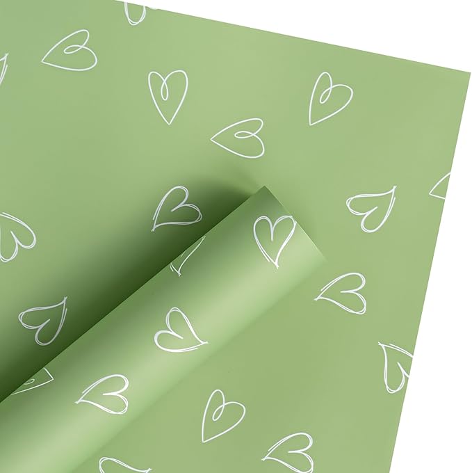 LeZakaa 20 Sheets Valentine Flower Wrapping Paper, Sage Green with White Heart Pattern Waterproof Floral Bouquet Paper, for Valentines, Mothers Day, Party, Romantic Birthday, Wedding, Anniversary