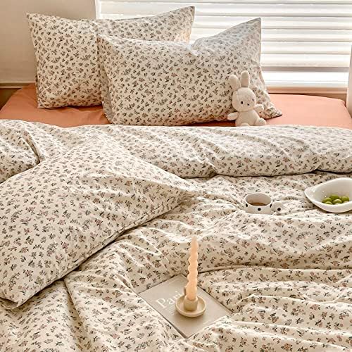 EAVD King Cotton Bed Linen Set, Garden Style, 100% Cotton, Small Floral, 1 Duvet Cover, 2 Pillowcases, Zipper Closure