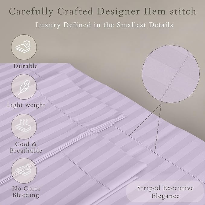 Threadmill 500 Thread Count Full-Size Damask Stripe, 4 Pc Luxury Cotton Bedding Set, Silky Smooth Lilac Sheets with 16" Elasticized Deep Pocket, 2 Pillowcases & Free Tote Bag