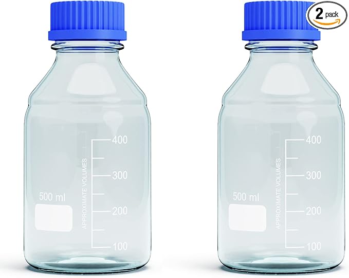 500ML Storage Glass Bottles – 2pcs Round Media Storage Bottle – Borosilicate Glass Bottles – Safe Probe Storage Glass Storage Bottles with GL45 Blue Screw Cap (500ml - 2pcs)