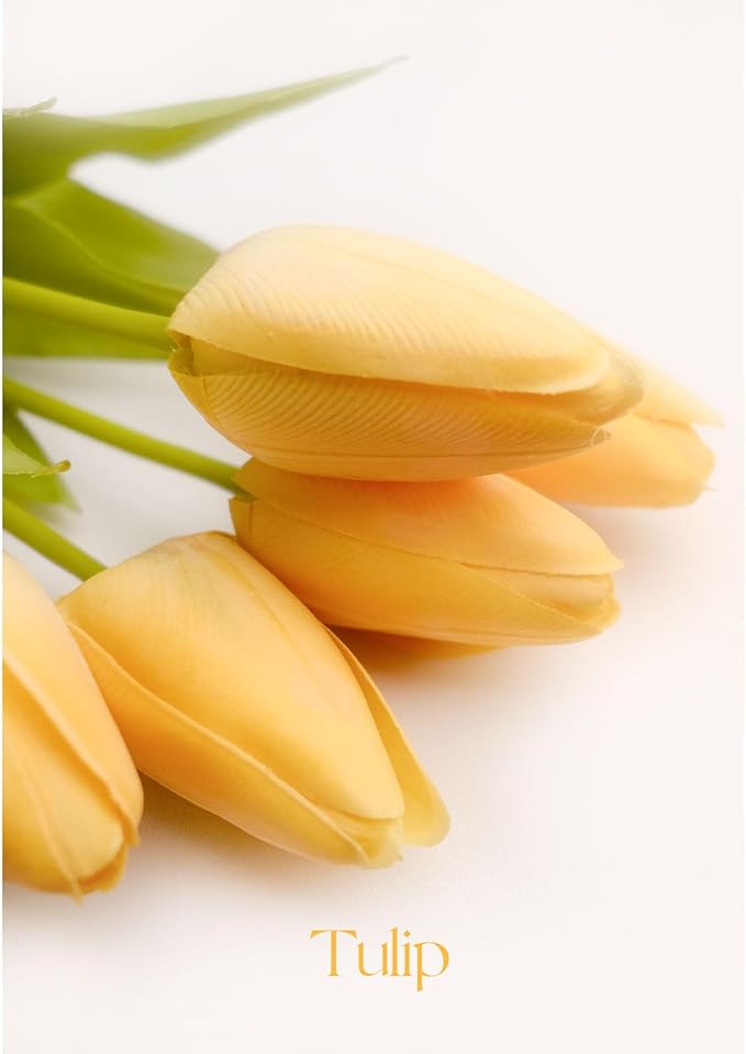 18in Artificial Tulip Flowers, 5 Pcs Realistic Soft Latex Faux Tulips with Bendable Stems for Home Office Kitchen Decor, Wedding, Party, Vase Arrangement- Yellow