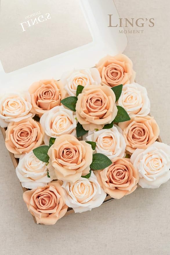 Ling's moment Artificial Flowers 16pcs Silk Roses with Stems, 3.5" Fake Vendela Roses Bulk for DIY Wedding Bouquets Centerpieces Party Baby Shower Home Decoration, French Orange & Cream