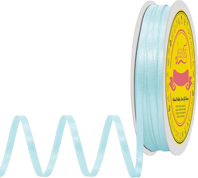 Double Face Lt.Blue Satin Thin Ribbon 1/8 inch X 50 Yards Polyester Lt.Blue Ribbon for Gift Wrapping Very Suitable for Weddings Party Hair Bow Invitation Decorations and More