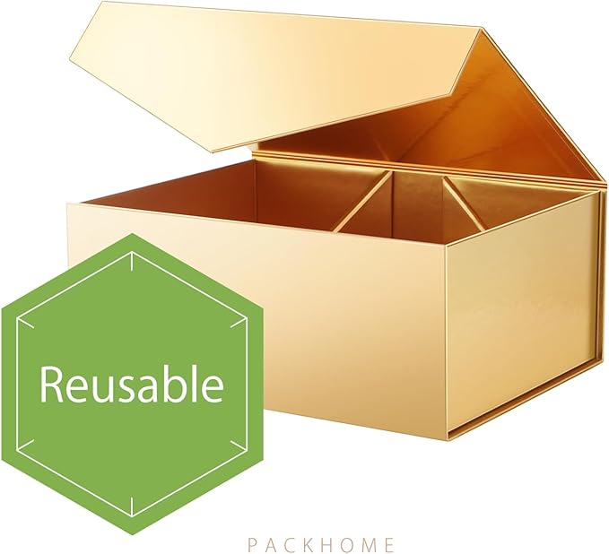 PACKHOME 6 Christmas Gift Boxes 9x6.5x3.8 Inches, Rectangle Collapsible Boxes with Magnetic Lids for Xmas Gift Packaging (Glossy Gold)