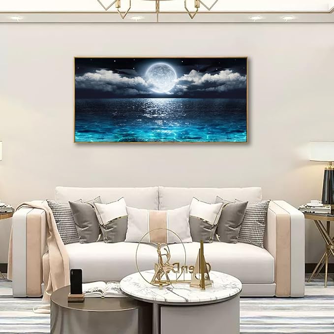 Canvas Wall Art for Living Room Bedroom Office Framed Ocean Beach Wall Art Paintings Pictures Artwork Moon Waves Blue Wall Decor 2.7cm Thick Frame, 20 * 40inch
