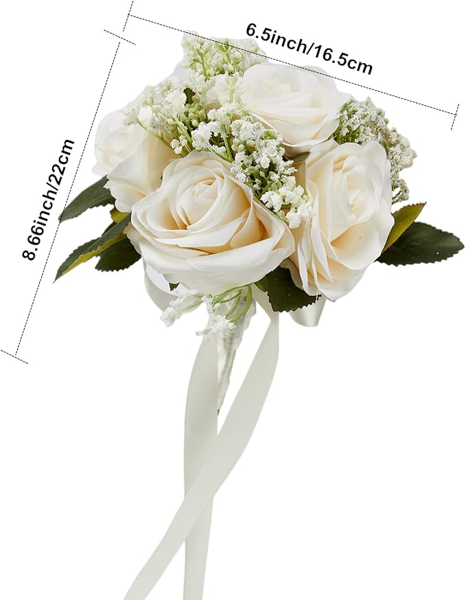Meldel 2 x Artificial Silk Rose Bridesmaid Bouquets, 6.5'' Wide x 9.5'' Tall, Rustic Wedding Decor, Milk White, Set of 1, Ready to Use