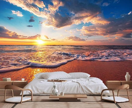 Sunset Over The sea, Blue Sky, White Clouds and sea Water Form a Beautiful Natural Landscape Wallpaper, Large Background Wall murals(Non-self-Adhesive)