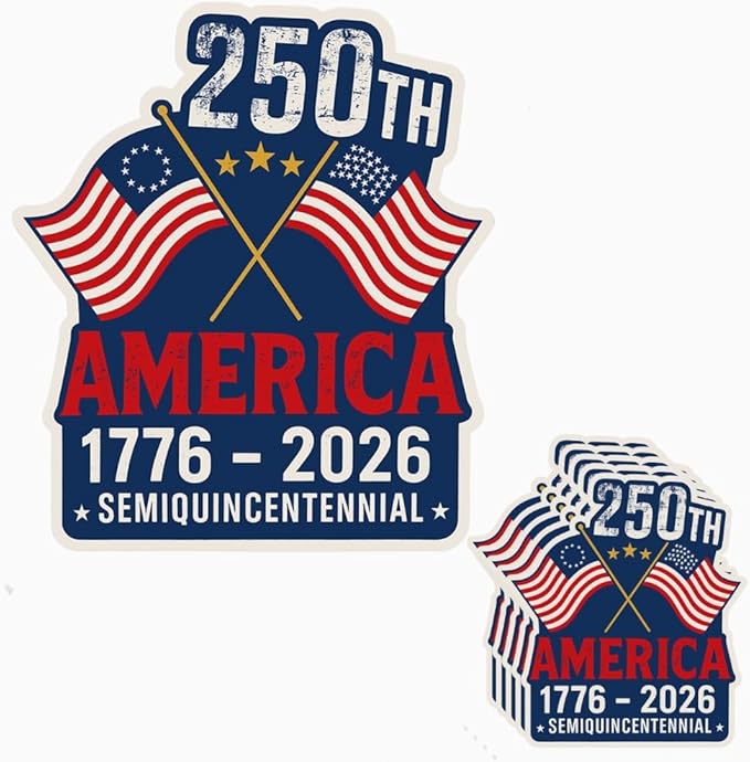 HANDICHI Design 5-Pack 2 Inch USA 250th Anniversary Stickers, Waterproof Patriotic Vinyl Decals with American Flag (1776–2026)