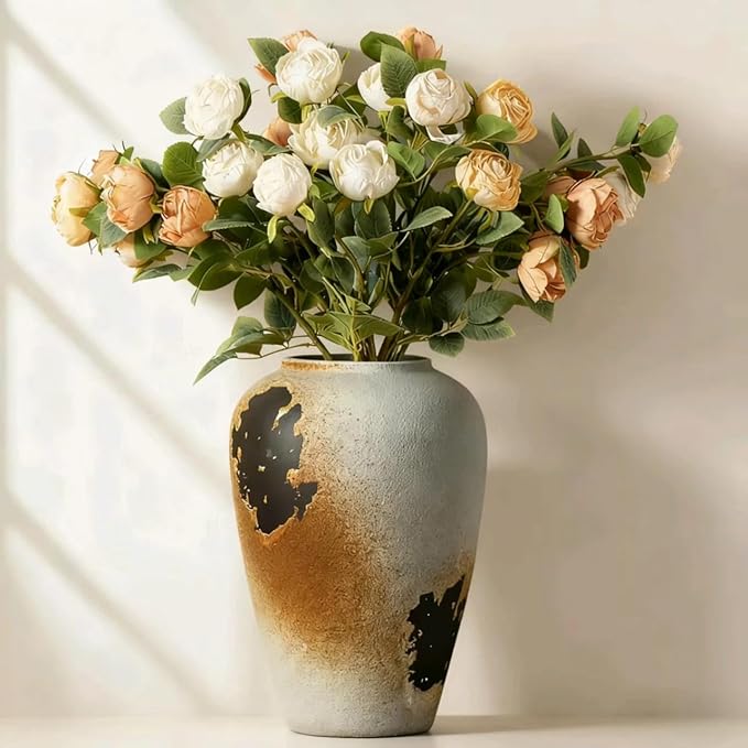 11" Large Handcrafted Ceramic Vase - Vintage Rustic Iron Glaze Pattern Farmhouse Flower Vase for Home Decor, Decorative Vase for Living Room Dining Table Fireplace Bookshelf Office