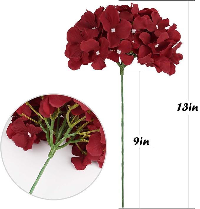 Flojery Silk Hydrangea Heads Artificial Flowers Heads with Stems for Home Wedding Decor,Pack of 10 (Burgundy)