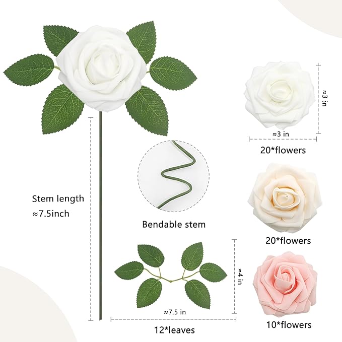 50PCS Artificial Flowers Champagne/Pink/White Roses Real Looking Foam Fake Roses with Leaves and for DIY Wedding Bouquets Bridal Shower Centerpieces Party Decorations (Champagne Series, 50)