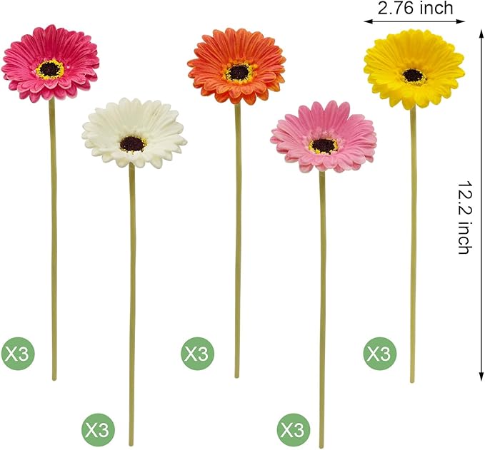 15 Pcs Artificial Gebera Daisies Flowers Fake Daisy Real Touch PU Faux Flowers Bouquet for Indoor Home Arrangements Vase Wedding Party Table Centerpiece DIY Floral Decor