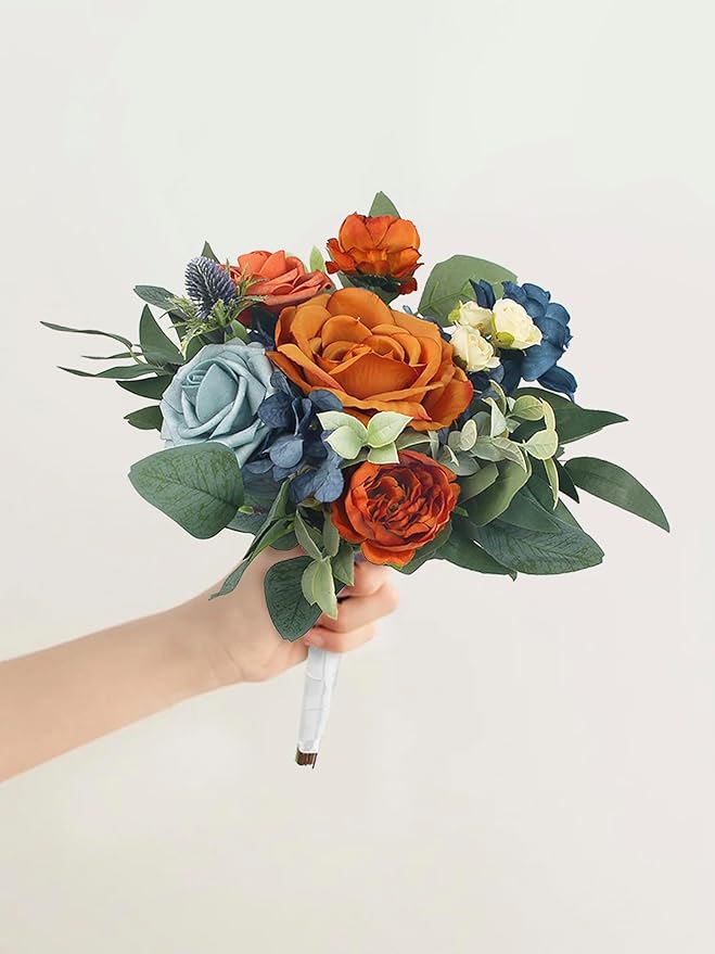 Rinlong 1Pc Fall Wedding Bouquets for Bridesmaids Bride Terracotta Navy Blue Artificial Bridesmaid Bridal Bouquet for Wedding Prom Burnt Orange Navy Blue