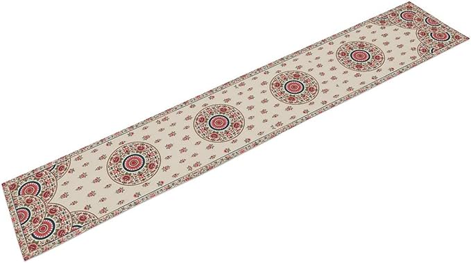 Bohemian Floral Table Runner, Vintage Ethnic Mandala Pink Flowers Boho Design Table Runner for Kitchen Dining Party Wedding, 13x120 Inch