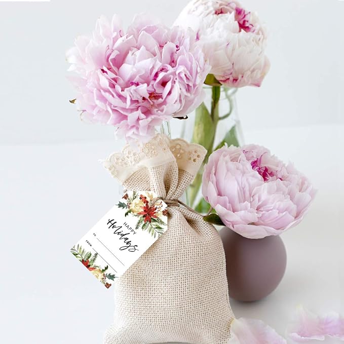 Andaz Press Christmas Holiday Season Classic Gift Tags, Happy Holidays to from and Wishing You A Happy Holiday Season, Christmas Florals Design, for Holiday Events, Parties, and Favors, 60-Pack