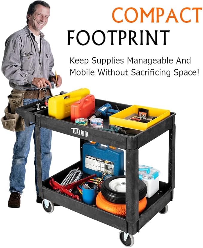TUFFIOM Plastic Service Utility Cart with Wheels, 550lbs Capacity Heavy Duty Tub Storage Cart W/Deep Shelves, Multipurpose Rolling Extra Large 2-Tier Mobile Storage, for Warehouse Garage Industrial