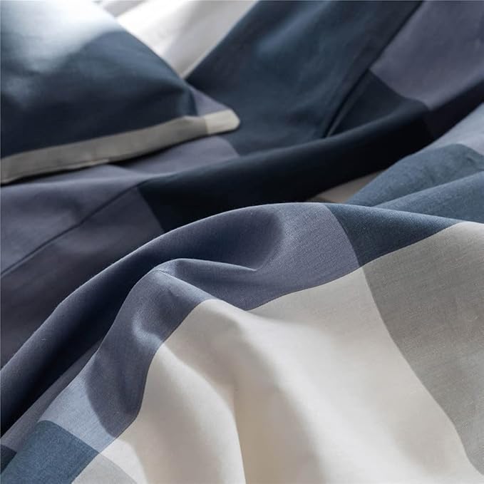 Plaid Comforter Set Full Modern Style Checkered Pattern Comforter for Men Boys Blue White Grey Geometric Comforter with 2 Pillowcases Soft Fluffy 3 Pieces Lightweight Bedding Set Full Comforter Set