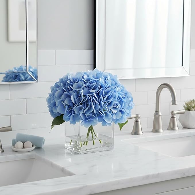 Blue Hydrangea Flowers in Vase, Silk Flowers in Vase with Faux Water for Home Decor Indoor, Wedding Table (Blue)