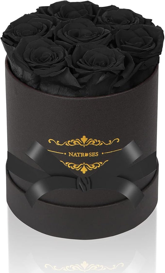 NATROSES 7 Piece Preserved Roses in a Box, Preserved Flowers for Birthday, Flower Gifts for Mothers Day (Black)