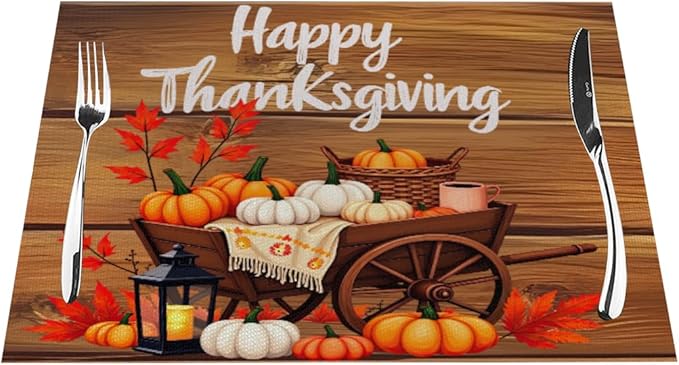 PVC Placemats Set of 6 Wipeable Table Mats Washable Heat Resistant Non Slip Vinyl Dining Table Mat for Kitchen Indoor Outdoor Patio Farmhouse Place Mats Thanksgiving Pumpkin Cart Decorative
