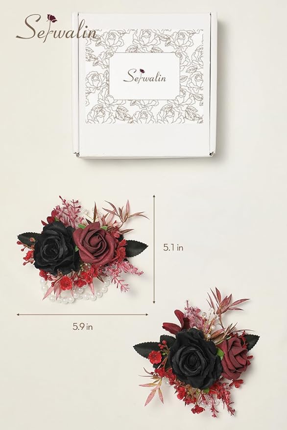 Serwalin Set of 2 Wrist Corsage for Wedding, 6-7inch Corsages Wristlet for Bridesmaid Mother Grandmother, Artificial Flowers for Prom Ceremony Anniversary, Black Burgundy