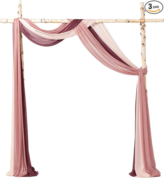 Ling's moment Wedding Arch Draping Fabric 3 Panels 20Ft Chiffon Fabric, Sheer Hanging Drapes Arrangement for Wedding Ceremony Backdrop Outdoors Party Swag Home Decor (Dusty Rose & Burgundy & Blush)
